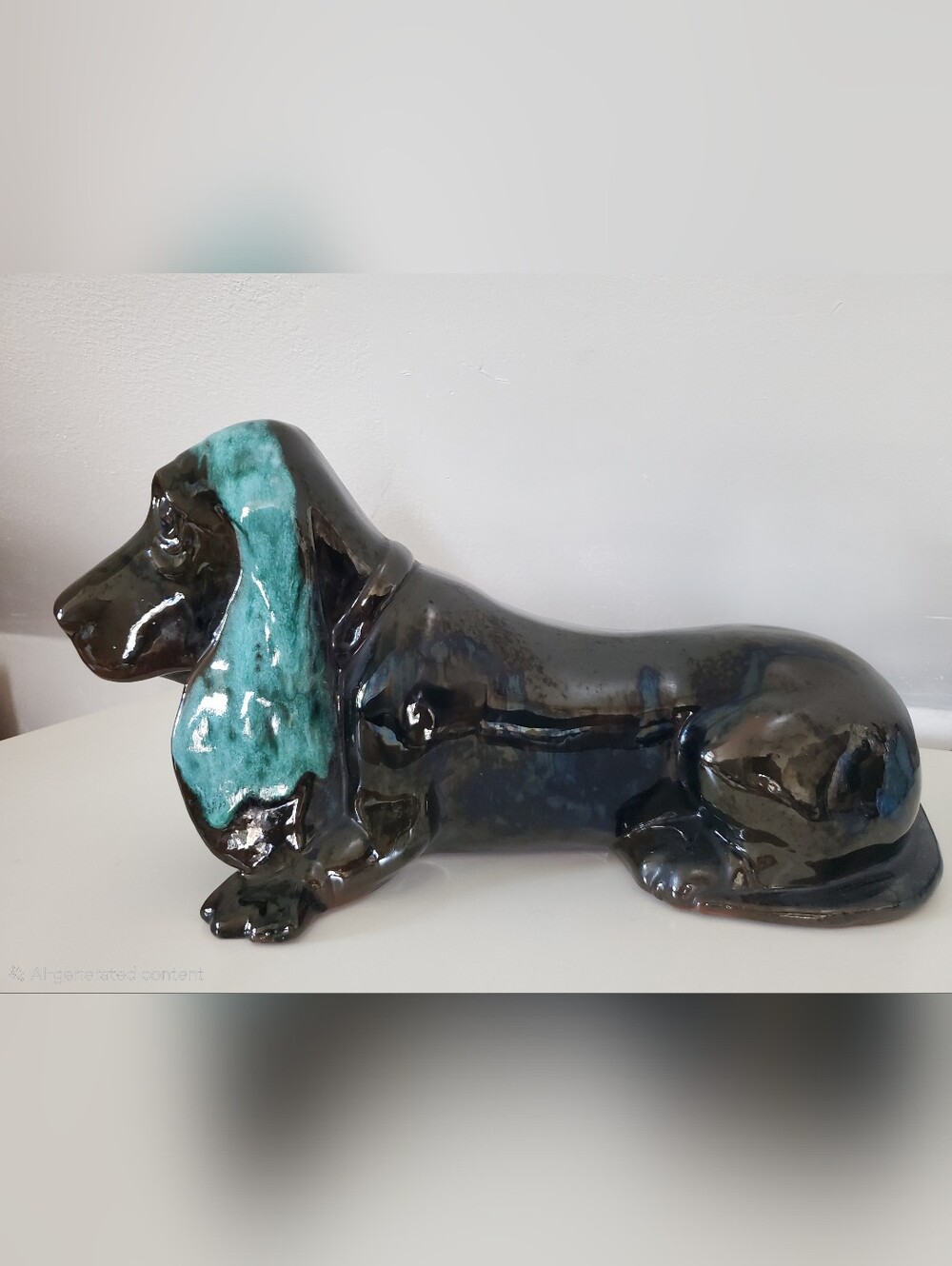 Large Blue Mountain Pottery Basset Hound Figurine | Green & Blue-Black Glaze
